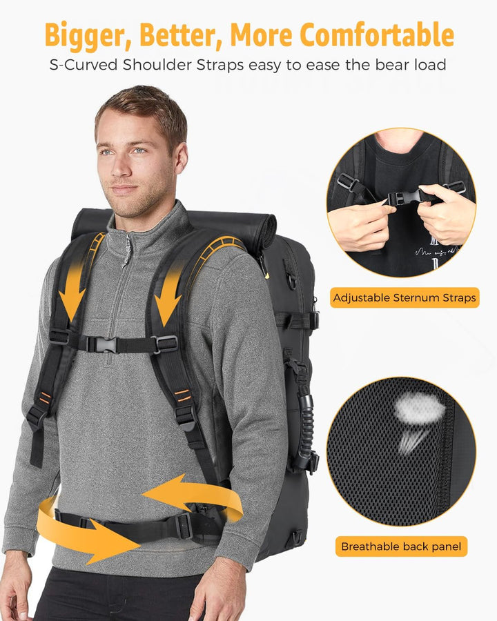 Duurzame 50L reisrugzak met apart schoenenvak en geïntegreerde USB-poort; perfect als handbagage voor vakantie.