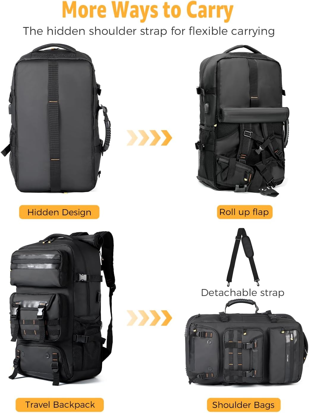 Unisex 50L handbagage rugzak, waterafstotend & klaar voor avontuur. Voorzien van USB-poort en schoenenvak.
