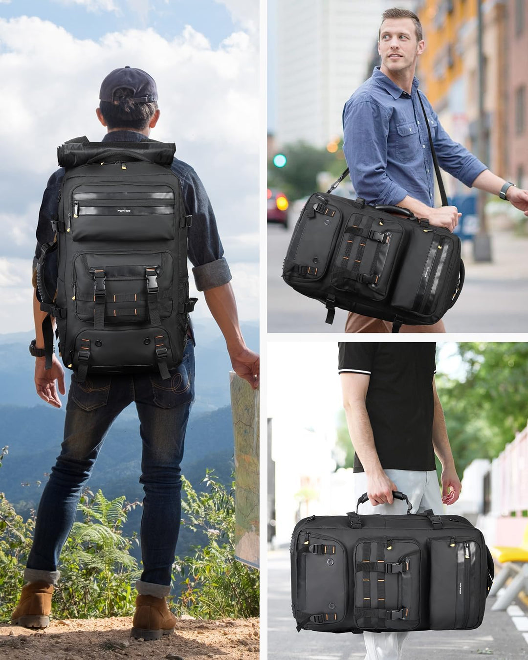 Unisex 50L travel rugzak in zwart, ideaal als handbagage. Met slimme vakken en USB-aansluiting voor onderweg.
