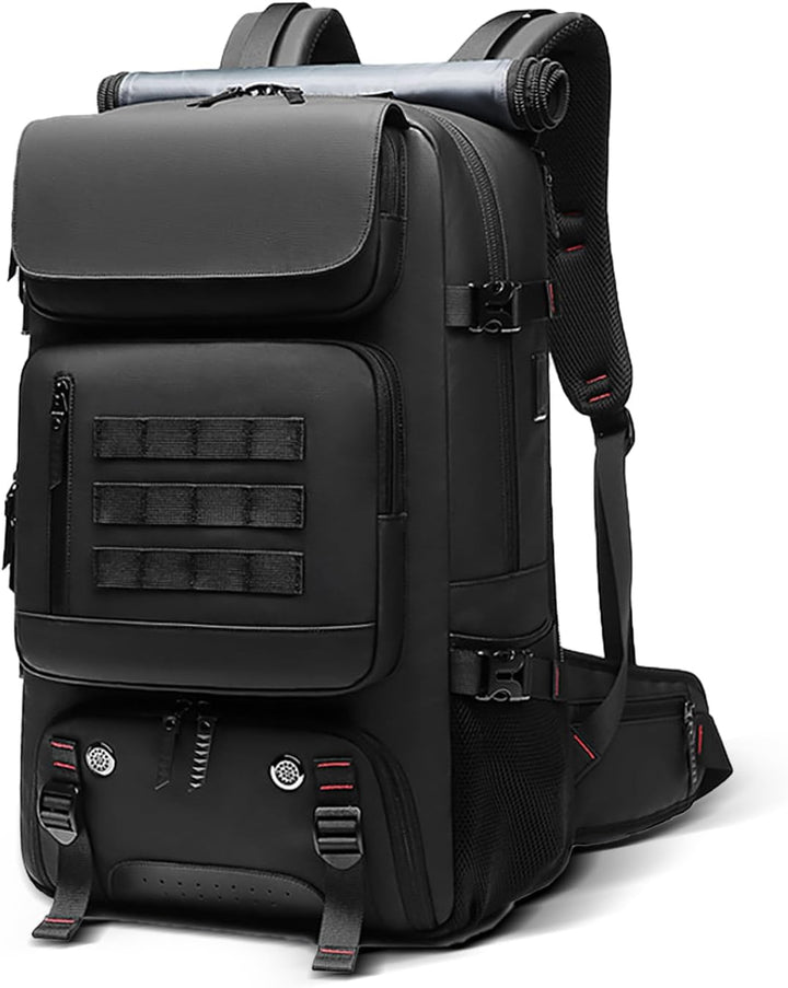 Unisex 50L waterdichte reisrugzak met USB-poort en schoenvak, perfect voor reizen en outdoor avonturen.