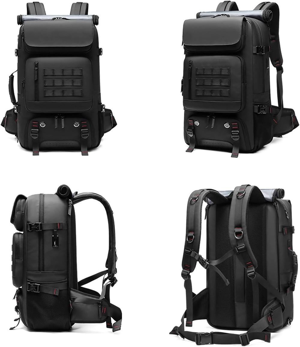 Ruime 50L reisrugzak voor dames en heren, toont handig apart schoenvak en externe USB-poort. Ideaal voor weekendtrips.