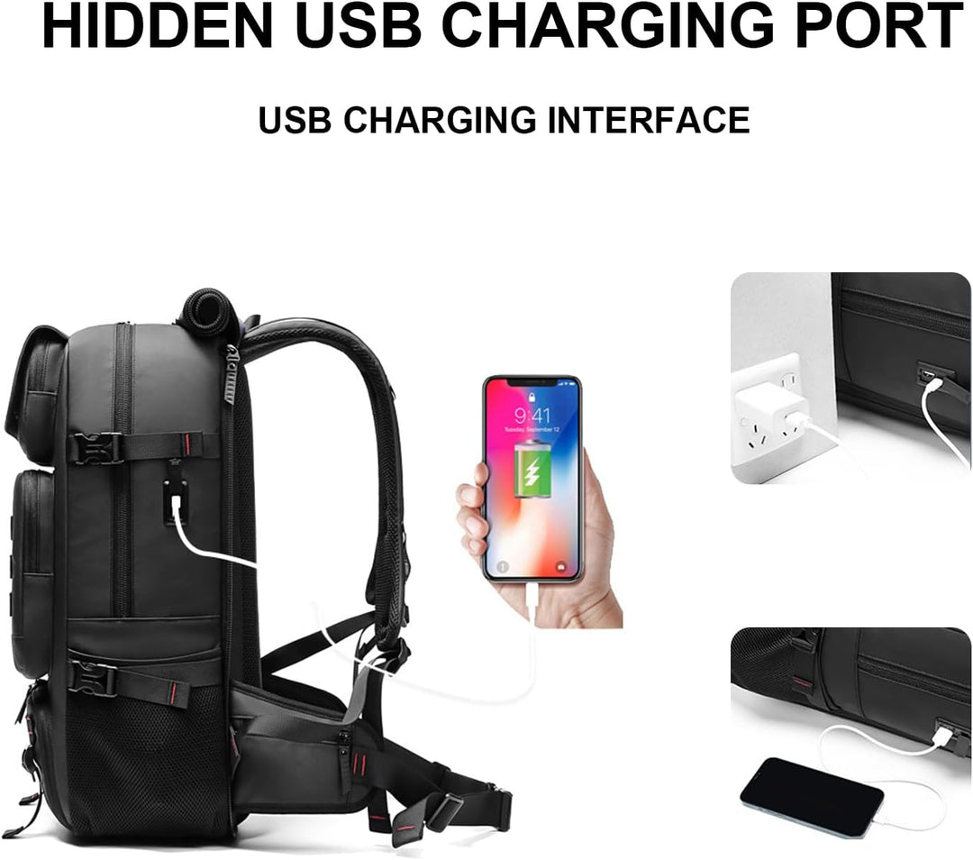 Veelzijdige 50L outdoor rugzak voor reizen, unisex en waterdicht. Voorzien van schoenvak en USB-oplaadpoort.