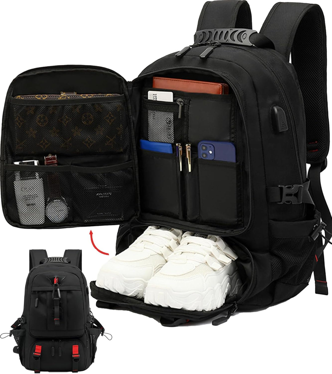 Unisex 60L waterdichte laptoprugzak met USB-poort en schoenvak, ideaal voor reizen en dagelijks gebruik.