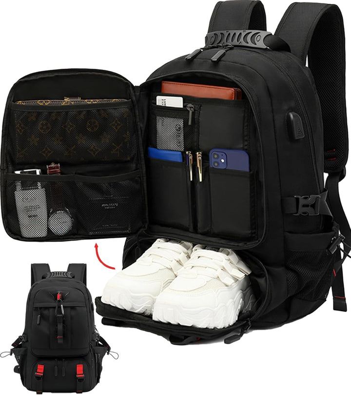 Unisex 60L waterdichte laptoprugzak met USB-poort en schoenvak, ideaal voor reizen en dagelijks gebruik.