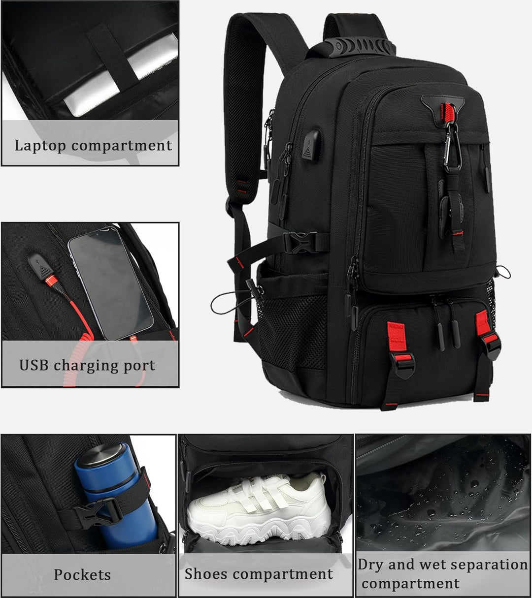 Ruime 60L reisrugzak met handig geventileerd schoenvak, perfect voor sportkleding of extra schoenen.