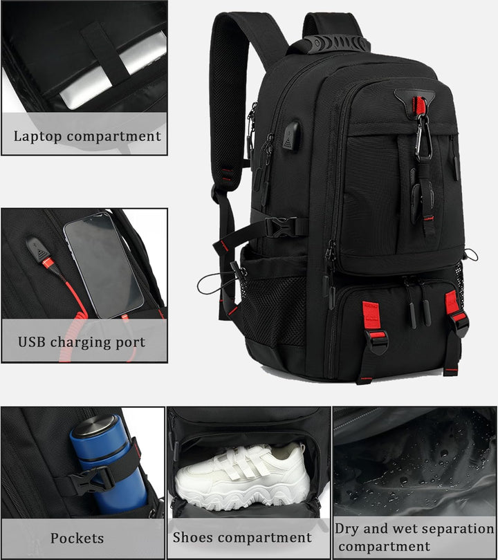 Ruime 60L reisrugzak met handig geventileerd schoenvak, perfect voor sportkleding of extra schoenen.