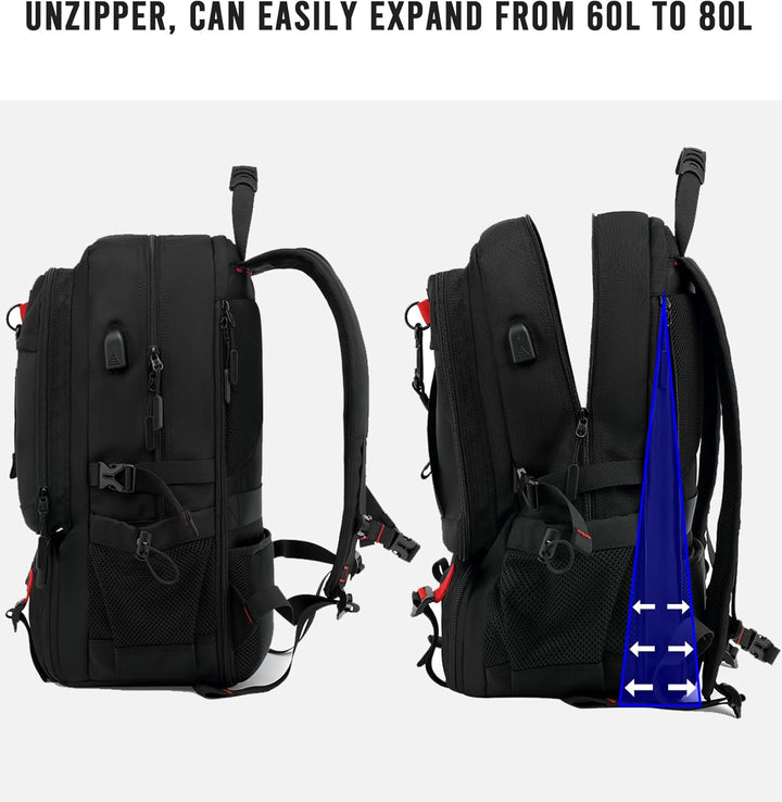 Innovatieve 60L laptoprugzak met externe USB-oplaadpoort, waterdicht en comfortabel voor onderweg.