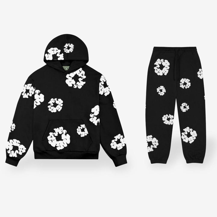 "Unisex bloemen trainingspak, zwart; stijlvolle hoodie & broek, bloemenprint, comfortabel en trendy ontwerp."