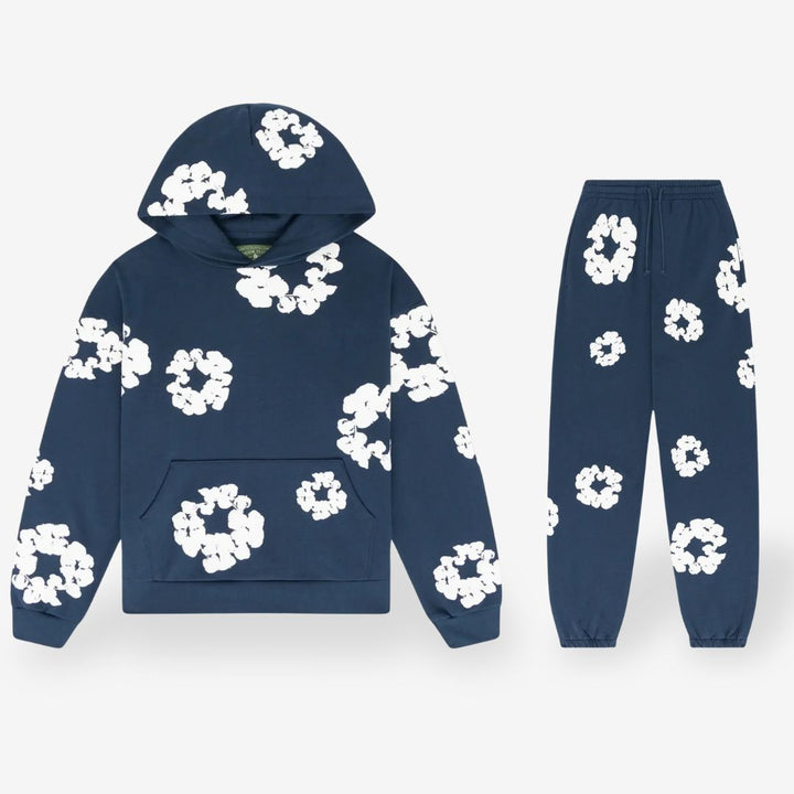 "Unisex bloemen trainingspak, zwart; stijlvolle hoodie & broek, bloemenprint, comfortabel en trendy ontwerp."
