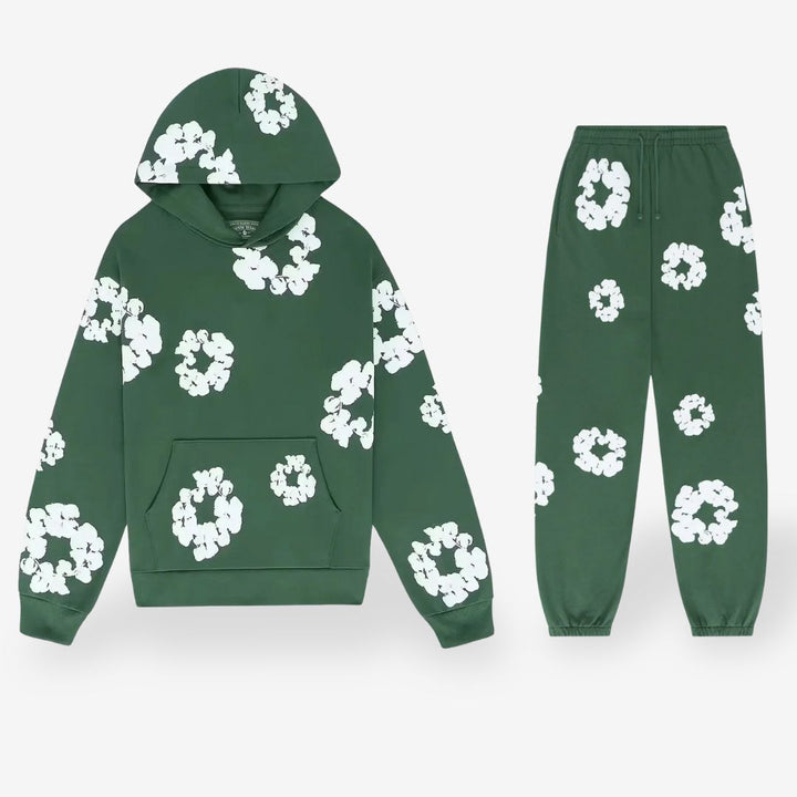 "Unisex bloemen trainingspak, zwart; stijlvolle hoodie & broek, bloemenprint, comfortabel en trendy ontwerp."