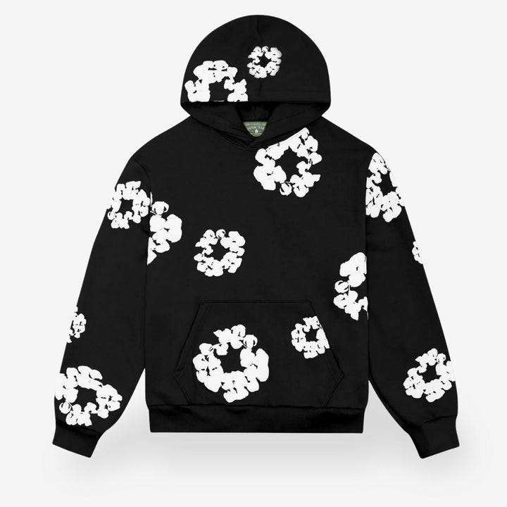 "Unisex bloemen trainingspak, zwart; stijlvolle hoodie & broek, bloemenprint, comfortabel en trendy ontwerp."