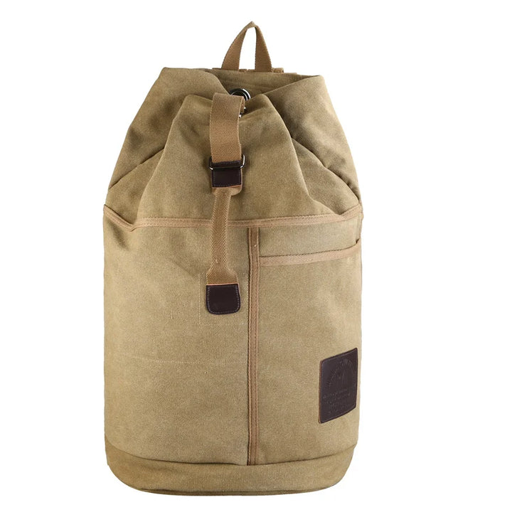 Legergroene duurzame canvas backpack voor wandelen; ruime unisex rugzak voor al je bagage.