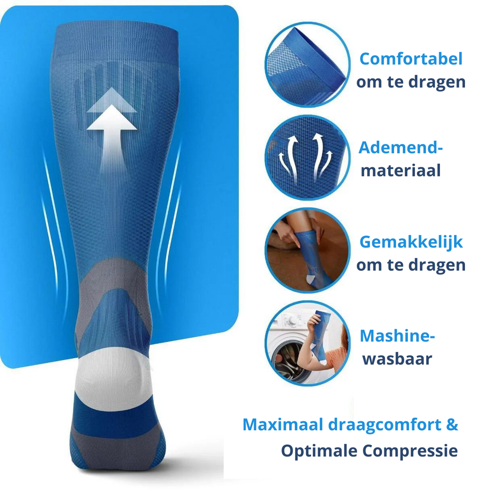 Unisex compressiekousen wit en zwart voor sport en herstel, ondersteunen bloedcirculatie en verminderen pijn.