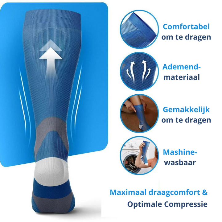 Unisex compressiekousen wit en zwart voor sport en herstel, ondersteunen bloedcirculatie en verminderen pijn.