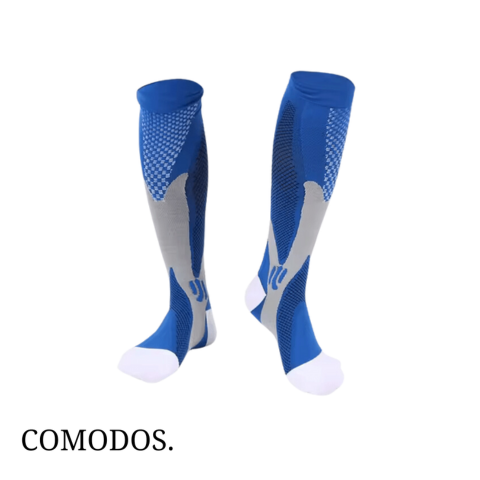 Een paar zwarte unisex compressiekousen, essentieel voor vermoeide benen en actieve bloedcirculatie bij sport.
