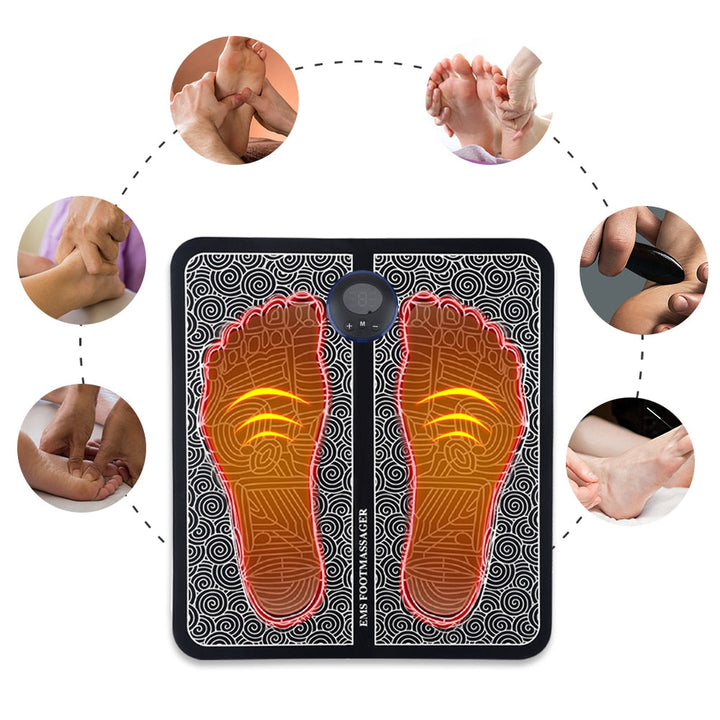 Een illustratie van hoe het EMS voetmassageapparaat de bloedcirculatie stimuleert en spieren ontspant