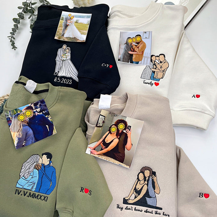 Unisex geborduurd t-shirt met gepersonaliseerd StitchPortrait van jouw foto, uniek draagbaar cadeau.
