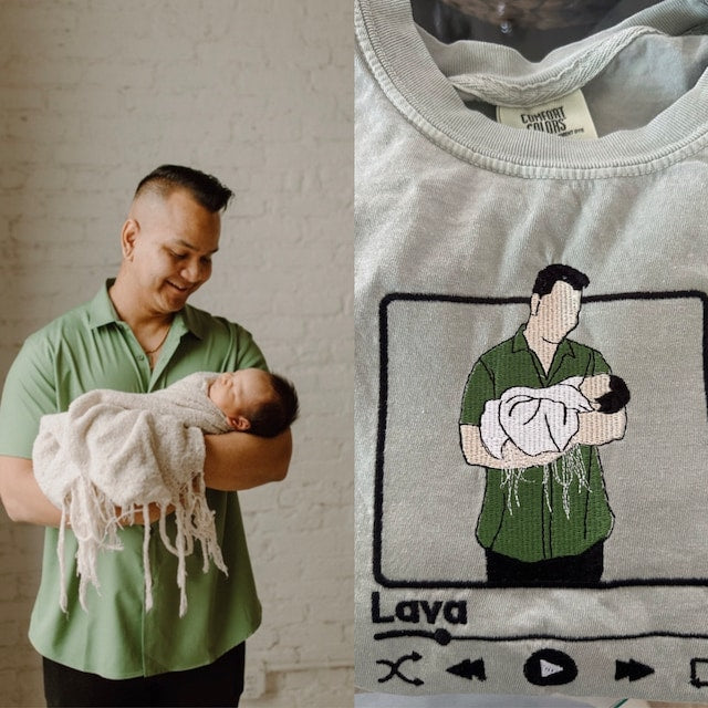 Close-up van geborduurd StitchPortrait op sweatshirt, custom foto herinnering als speciaal cadeau.