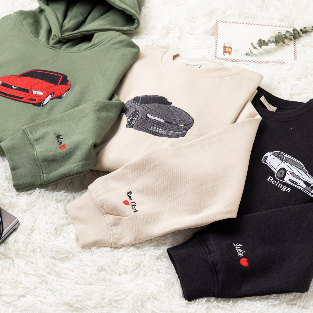 Stijlvolle unisex hoodie met geborduurd design van een eigen auto, een must-have voor elke autoliefhebber.