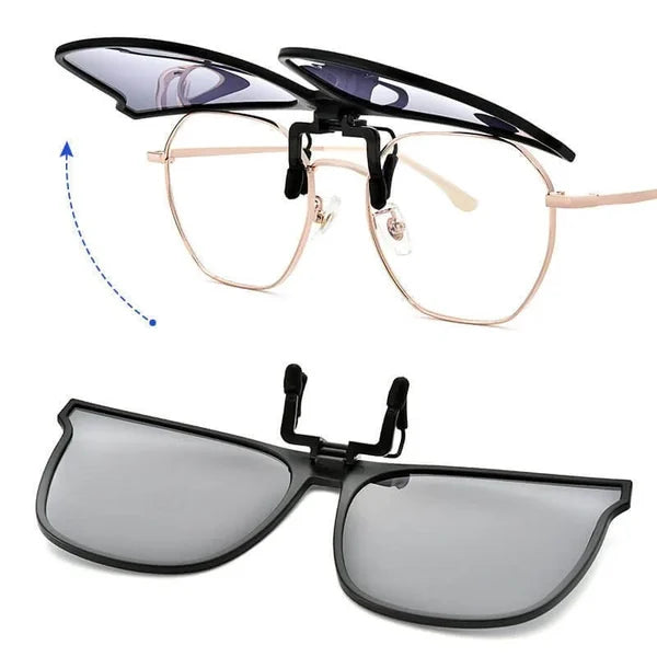 Clip-on zonnebril met gepolariseerde lenzen; UV-bescherming en anti-schittering voor oogbescherming.