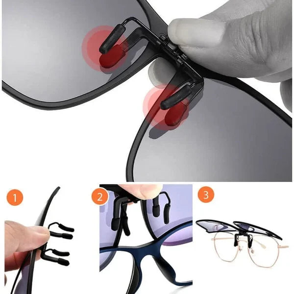 Comfortabele clip-on zonnebril voor outdoor activiteiten; biedt UV-bescherming en anti-schittering.