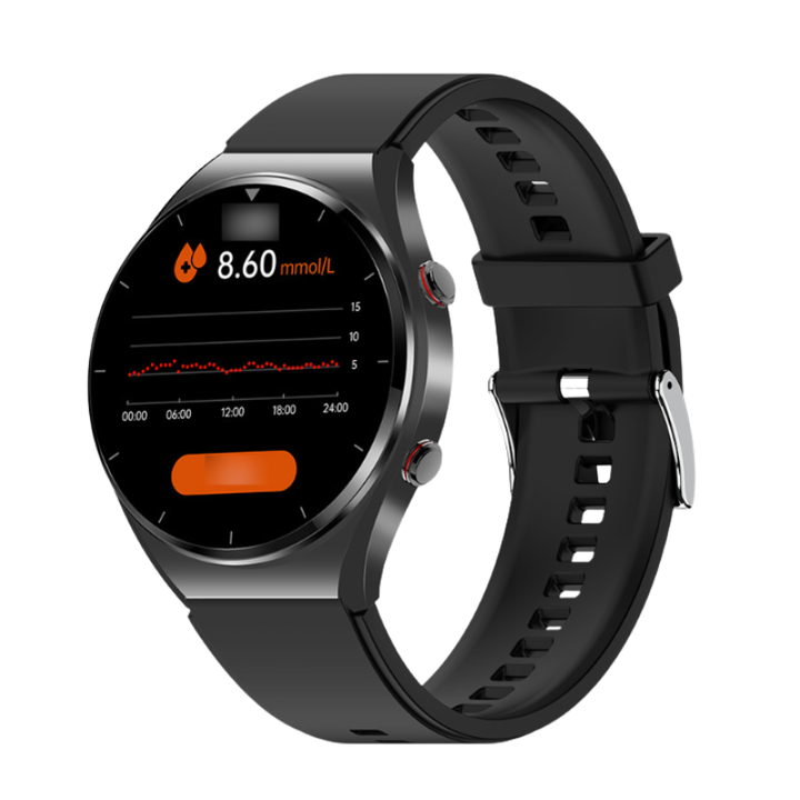 Unisex gezondheid smartwatch met bloedglucosemeting, ECG en hartbewaking op de pols; ideaal voor actieve levensstijl.