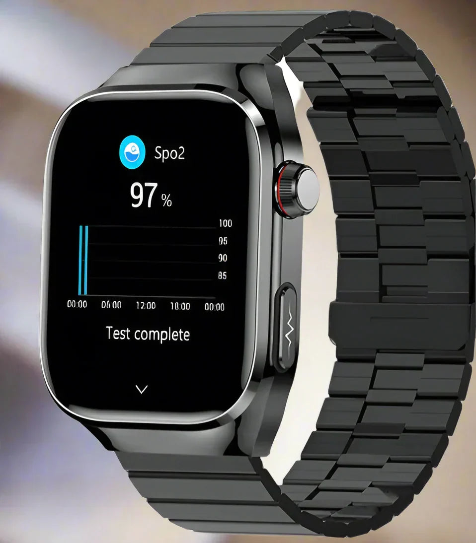 Stijlvolle unisex smartwatch met AMOLED display en nauwkeurige bloedsuiker- en urinezuurmeting.