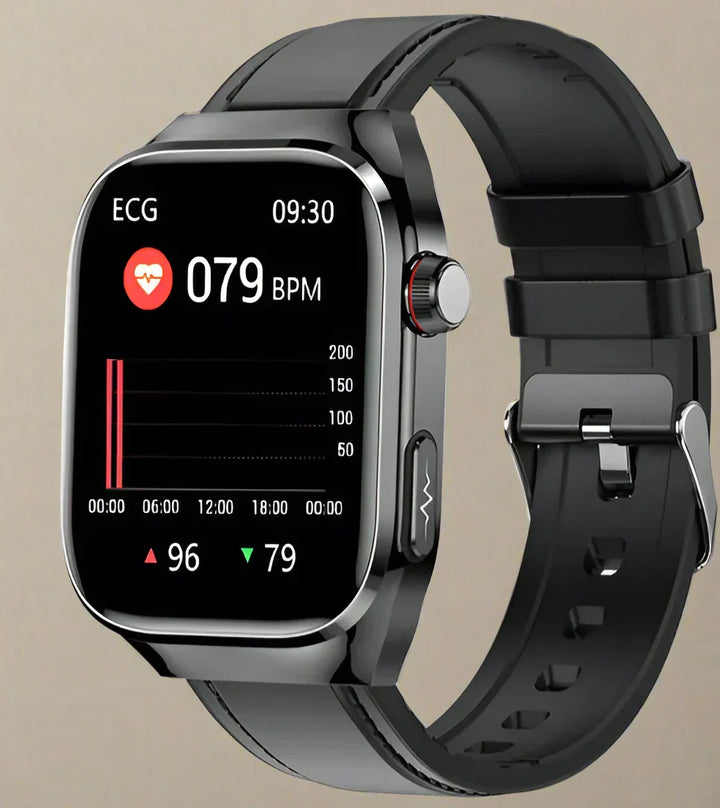 Slimme horloge, unisex design, met ECG, bloedsuiker en fitness tracking, draadloos oplaadbaar.