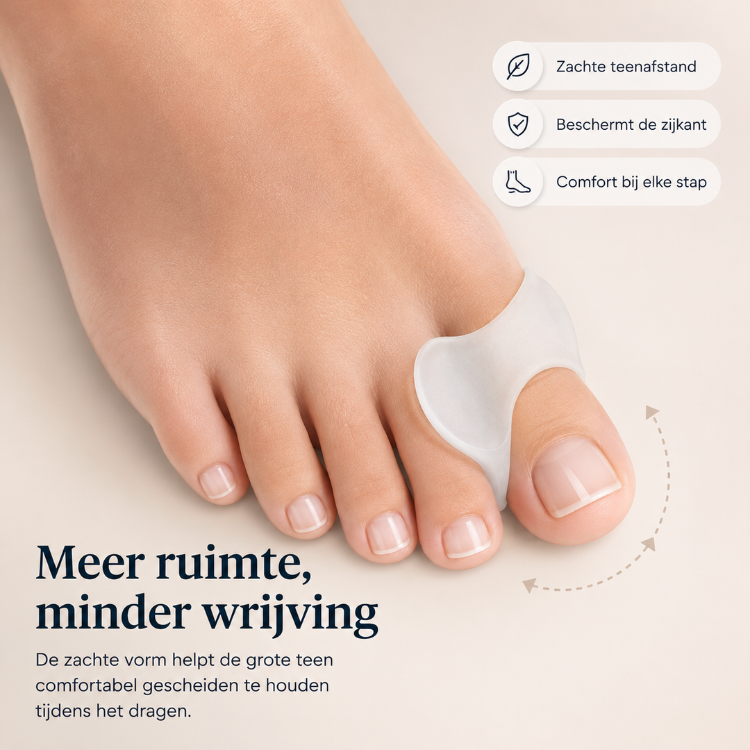 Zachte, flexibele siliconen teencorrector voor hallux valgus; biedt dagelijks comfort en bescherming.