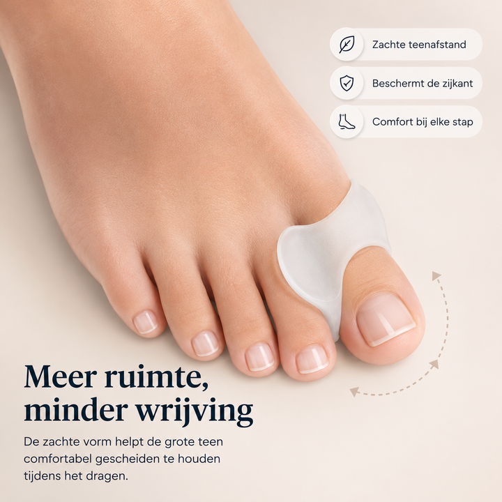 Zachte, flexibele siliconen teencorrector voor hallux valgus; biedt dagelijks comfort en bescherming.
