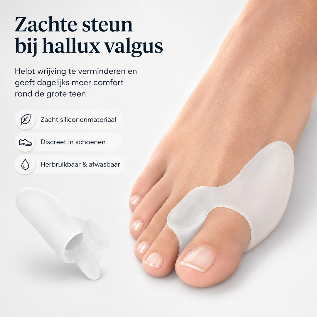 Ergonomische teenbeschermer tegen wrijving en druk; vermindert pijn bij hallux valgus en bunions.