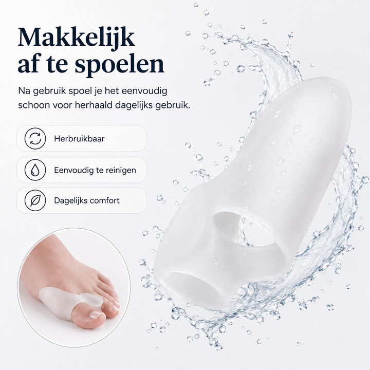 Ademende gel teenbeschermer voor hallux valgus; ultiem comfort en ondersteuning voor alle tenen.