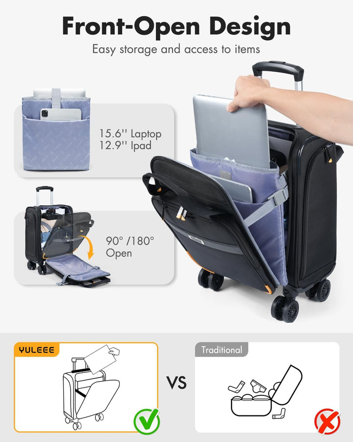 Efficiënte handbagage trolley met flexibele spinnerwielen en een gemakkelijk toegankelijk laptopvak voor werk.
