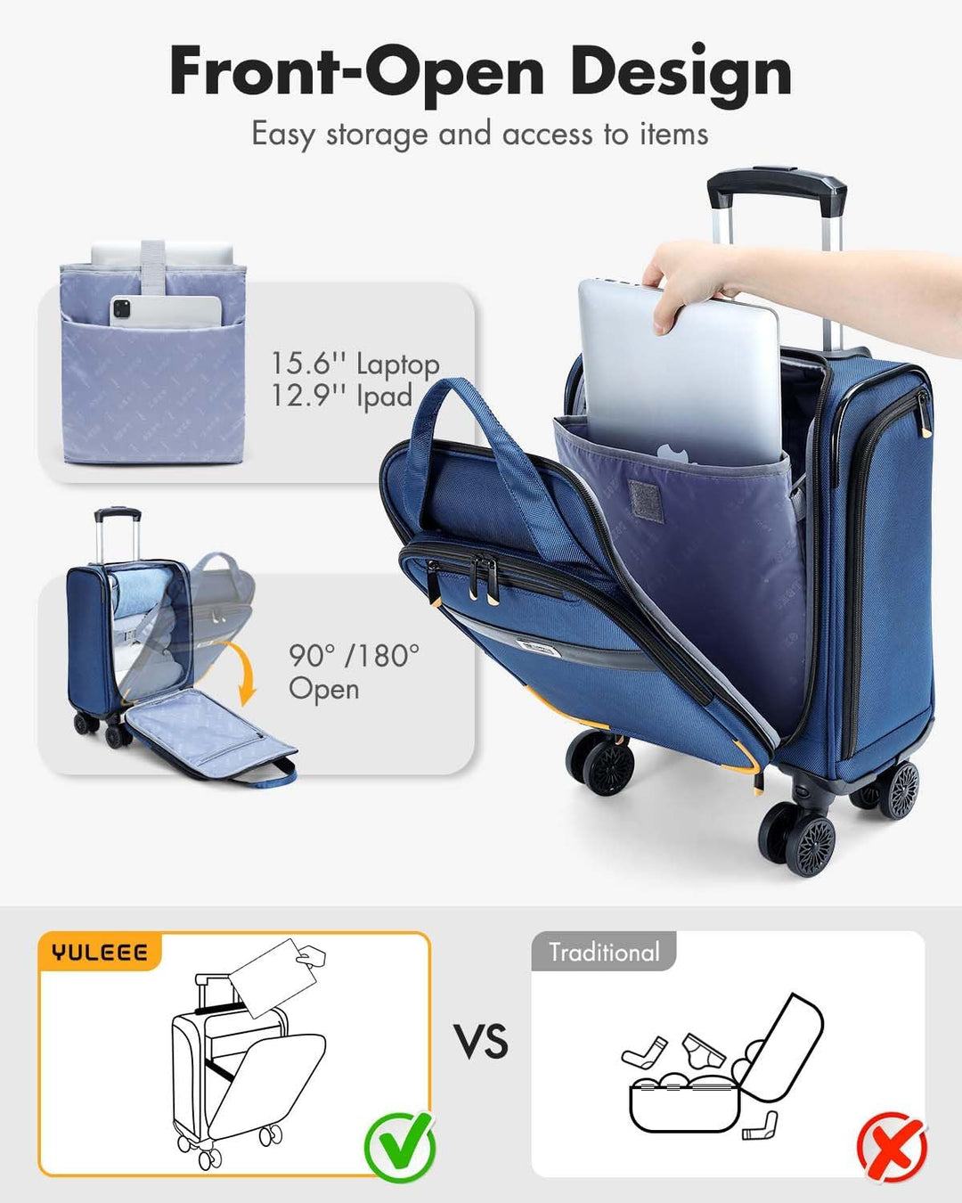 Lichtgewicht onderstoel trolley met soepele spinnerwielen; ideale handbagage voor georganiseerde reizigers.