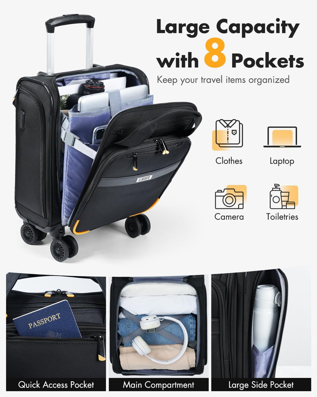 Multifunctionele handbagage trolley, onderstoel geschikt, met laptopvak; ideaal voor weekendjes weg.