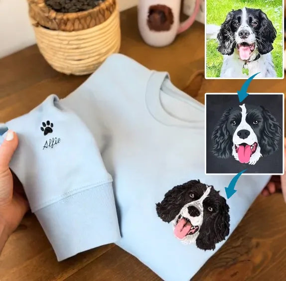 Unisex hoodie met geborduurd portret van overleden huisdier, een persoonlijk nagedachtenis kledingstuk.