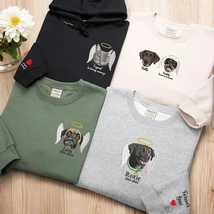 Een troostrijk en persoonlijk troostgeschenk: custom geborduurde unisex hoodie met herdenkingslijnkunst van huisdier.
