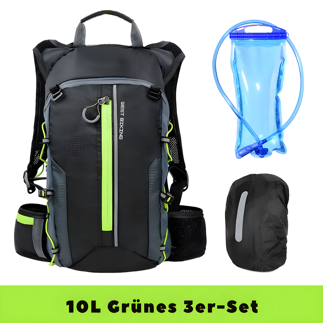Lichtgewicht HydroRide backpack 10L met drinksysteem, perfect voor hiking, fietsen en trailrunning.