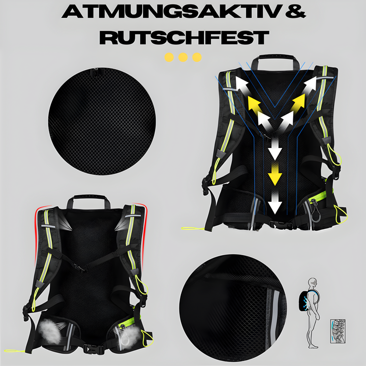 Zwarte unisex hydratatierugzak 10L met drinksysteem, ergonomisch design voor sport en outdoor.