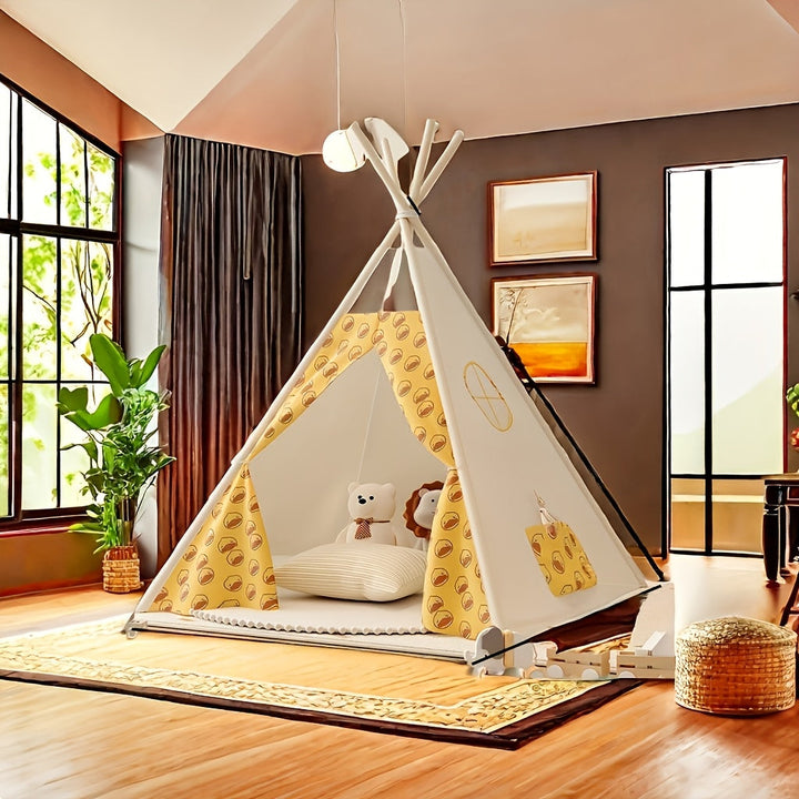 Unisex kindertipi tent, naturel canvas, met raam en vlaggetjes, voor binnen en buiten speelplek