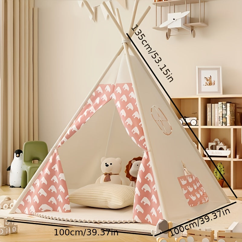Detailopname van de opening van een kindertipi speeltent met kwastjes, natuurlijke speelgoed decoratie
