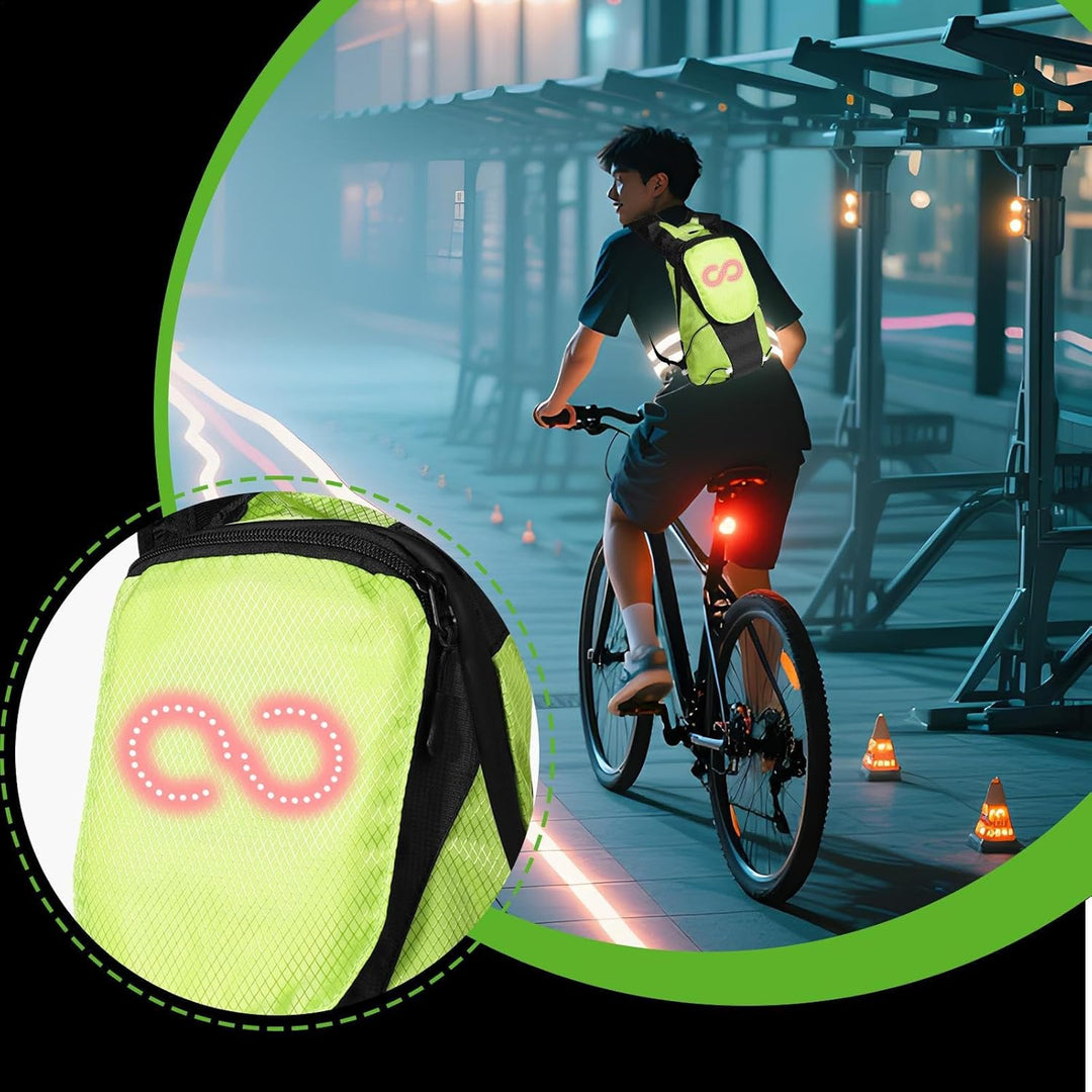 Luminous Safety Glow Bag: LED rugzak voor motorrijders en fietsers, verbetert zichtbaarheid in het donker.