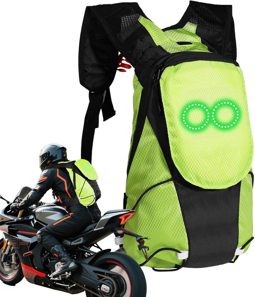 Essentiële veiligheidsrugzak met LED verlichting voor nachtrijden, fietsen en outdoor, in oranje/groen.