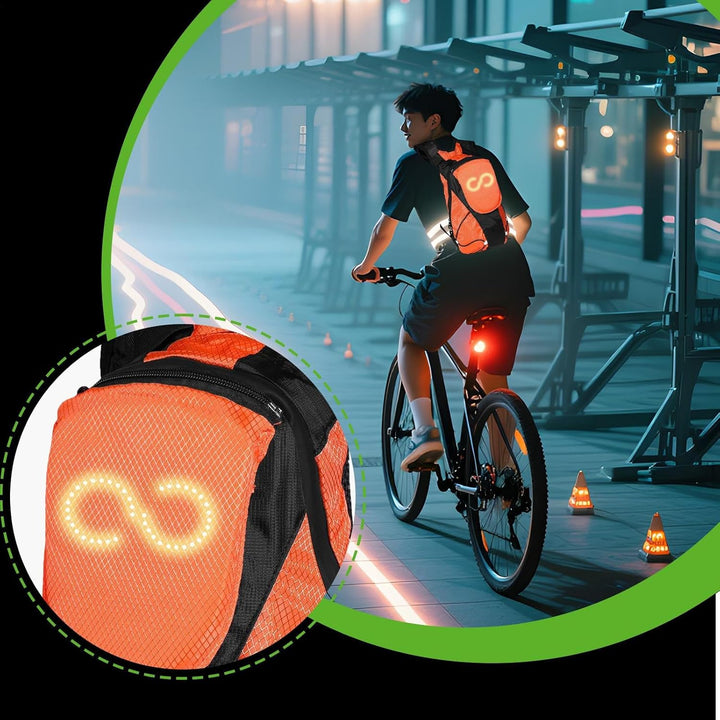 Lumaro LED motorfietsrugzak, waterdicht, oranje/groen, voor verhoogde veiligheid bij nachtelijk rijden.