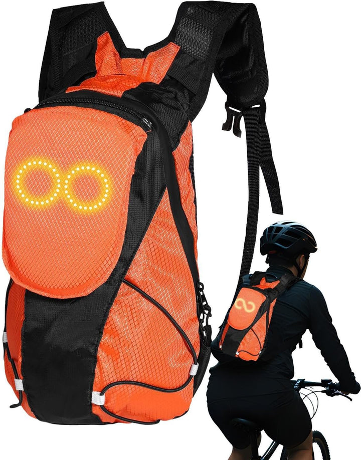 Opvallende oranje/groene LED rugzak met dynamische lichtpatronen voor maximale zichtbaarheid 's nachts.