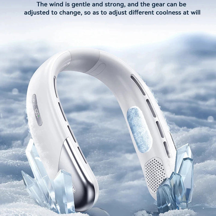 Innovatieve bladerloze nekventilator voor zomerse verkoeling. Geschikt voor unisex gebruik.