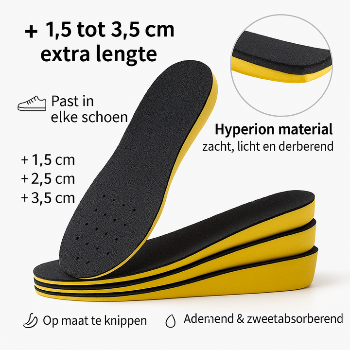 Comfortabele siliconen inlegzolen, onzichtbaar in schoenen, voor een discrete lengteverhoging en voetcomfort.
