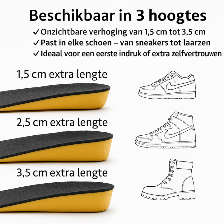 Unisex lengteverhogende inlegzolen voor meer zelfvertrouwen, onzichtbaar en comfortabel in elke schoen.