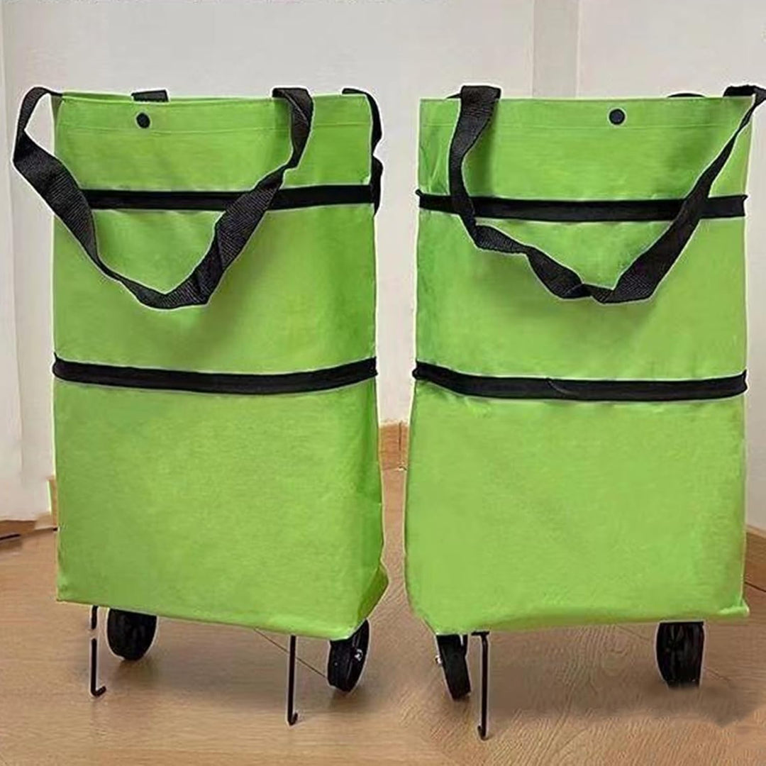 Opvouwbare boodschappentas met wielen, klaar voor een picknick of strandbezoek met snacks.