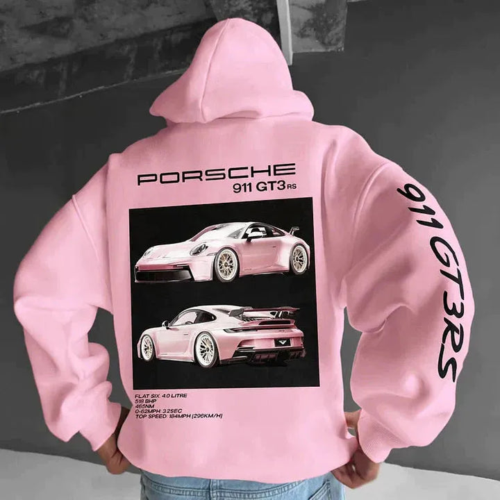 Achteraanzicht unisex oversized racing hoodie, model loopt. Stoere streetwear kleding met racing details en comfort.